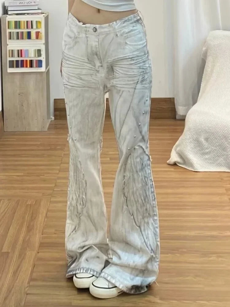 2026 Cyber Y2K Streetwear Dirty Washed White Baggy Women's Flared Jeans Pants For Woman Clothing Wing Embroidery Long Trousers