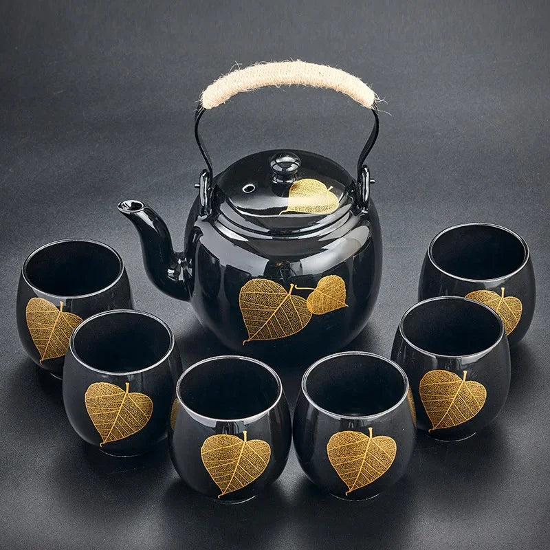 Black Glazed Large-capacity Tea Set   Ceramic Handle Teapot   1 Teapot with 6 Cups