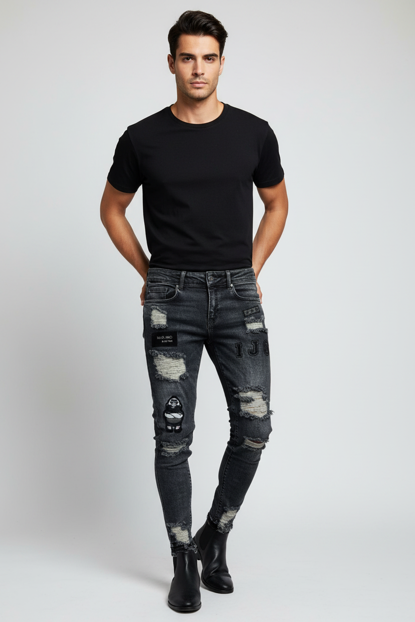 new White Embroidery Jeans Men Cotton Stretchy Ripped Skinny Jeans High Quality Hip Hop Black Hole Slim Fit Oversize Denim Pants