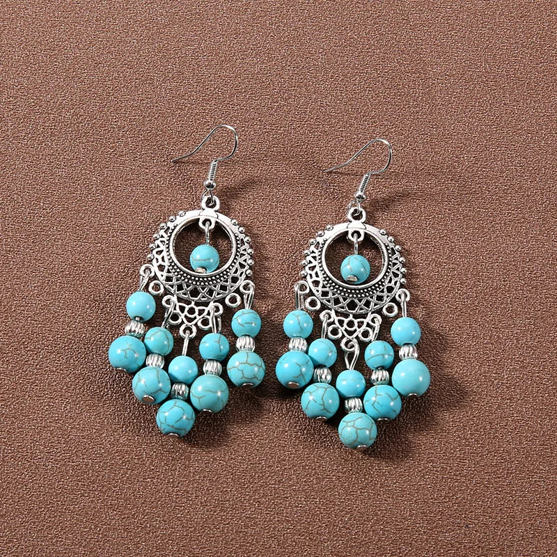 Bohemian fringed turquoise personality temperament earrings jewelry