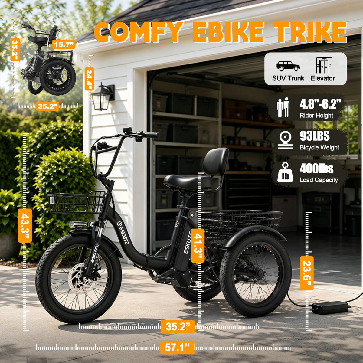 ESKUTE T300 E Trike Electric Bike, Peak Brushless Motor Folding Trike 18X3.0 Fat Tire Ebike, 624Wh Removable Battery, Step-Thru 3 Wheel Electric Bicycle, Up to 65 Miles, 18MPH+ Tricycle for Adults
