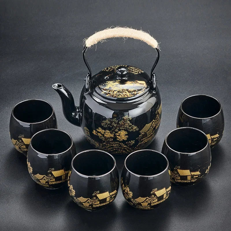 Black Glazed Large-capacity Tea Set   Ceramic Handle Teapot   1 Teapot with 6 Cups
