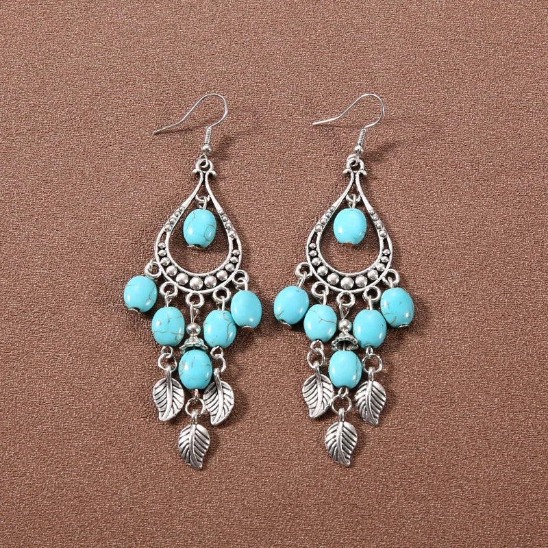 Bohemian fringed turquoise personality temperament earrings jewelry