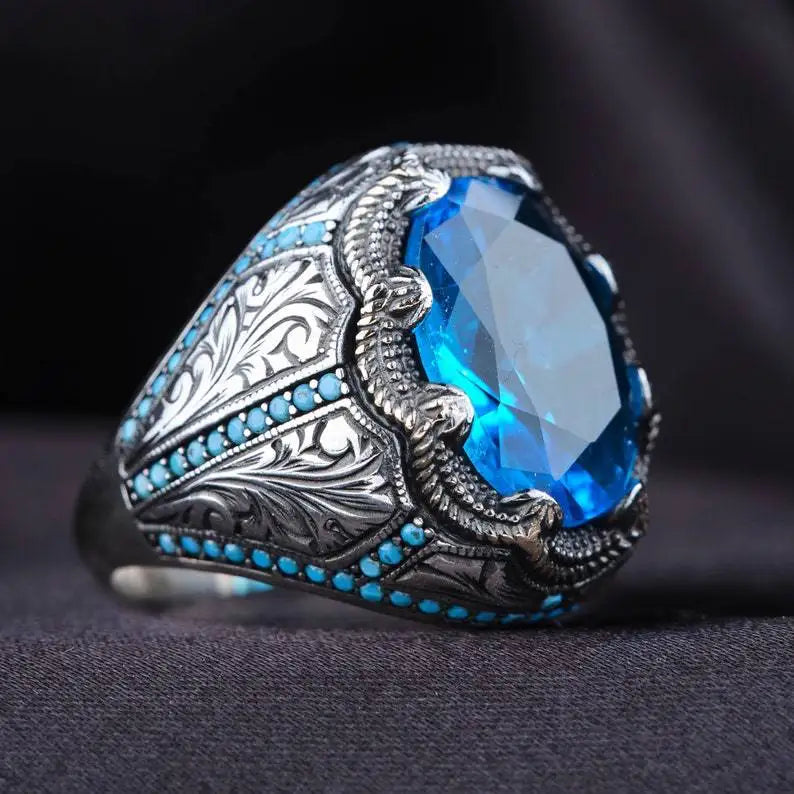 Men's Ring Retro Style Alloy Material Antique Silver Color Pattern Mysterious Artificial Zircon Inlay Trendy Party Luxury