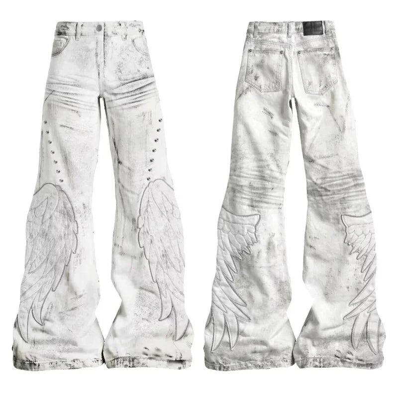 2026 Punk Y2K Style Dirty Washed White Patchwork Baggy Flared Stacked Jeans Pants For Men Clothing Streetwear Goth Long Trousers