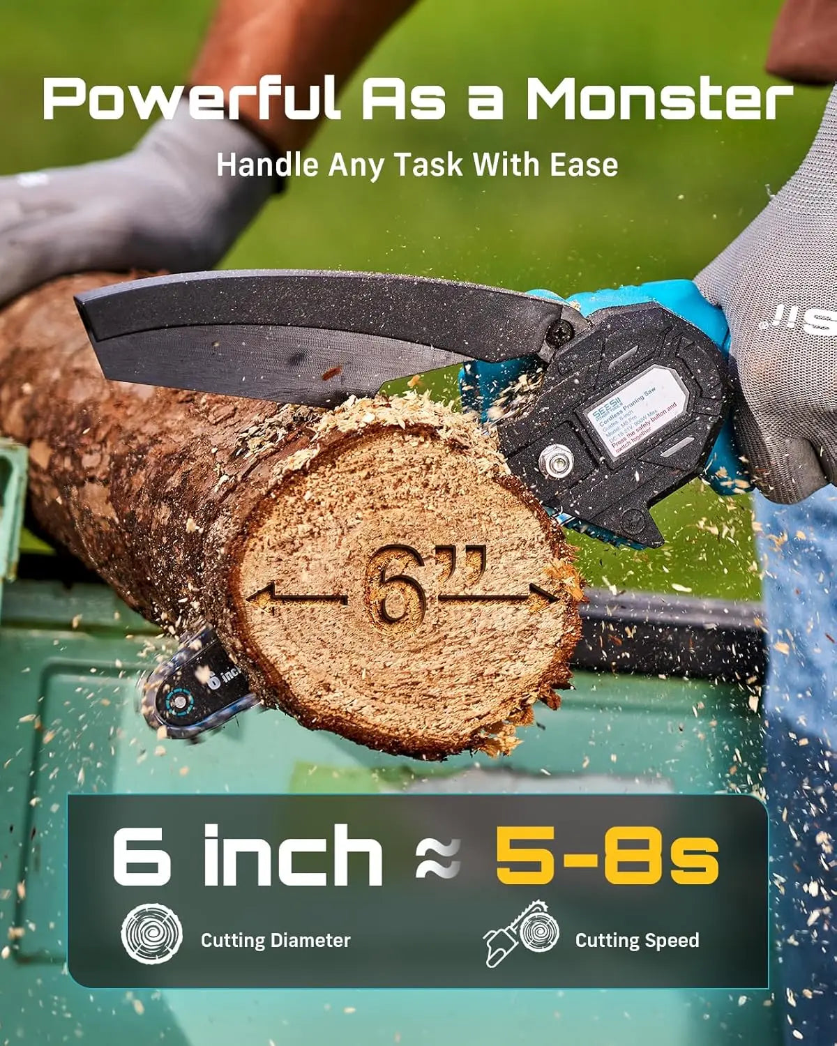 SEESII 6'' Cordless Mini Chainsaw 4500W Portable Chain Saw Garden Woodworking Tree Trimming Wood Cutting Power Tools For Makita 18V Battery Pin