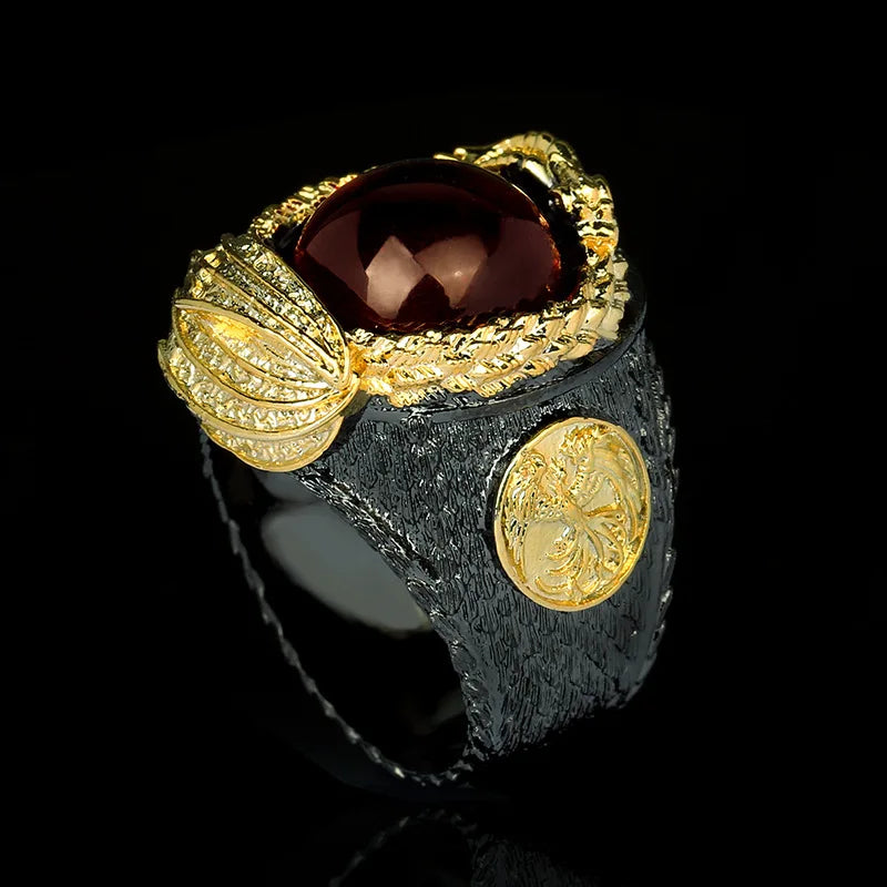 Domineering Men's for Ring Inlaid Red Zircon Ring Carved Dragon Ring Black Gold Ring Jewelry Party Ring Mens Rings Gold