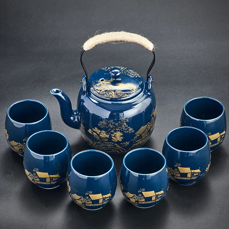 Black Glazed Large-capacity Tea Set   Ceramic Handle Teapot   1 Teapot with 6 Cups