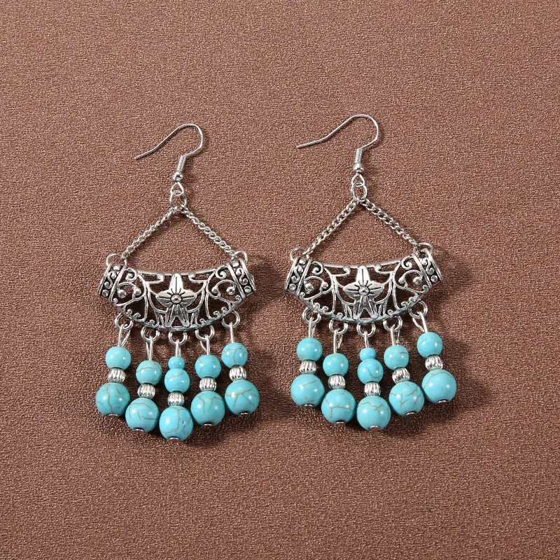 Bohemian fringed turquoise personality temperament earrings jewelry