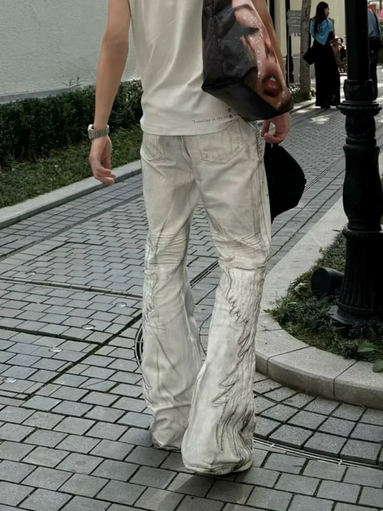 2026 Punk Y2K Style Dirty Washed White Patchwork Baggy Flared Stacked Jeans Pants For Men Clothing Streetwear Goth Long Trousers