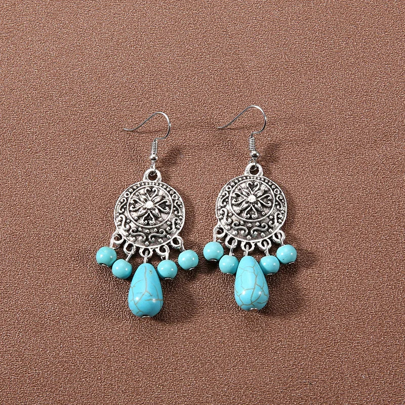 Bohemian fringed turquoise personality temperament earrings jewelry