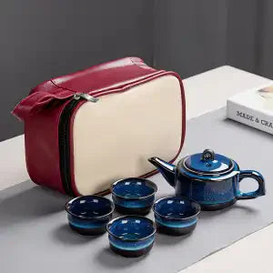 Ceramic Kung Fu Travel Tea Set Set Tianmu Glaze Kiln One Pot Four Cup Outdoor Travel Chinese Tea Set with Tote Bag Portable Gift
