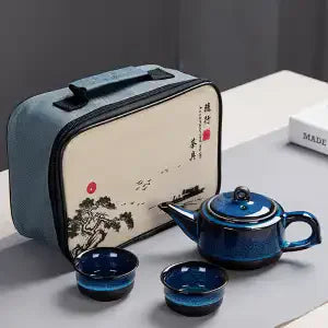 Ceramic Kung Fu Travel Tea Set Set Tianmu Glaze Kiln One Pot Four Cup Outdoor Travel Chinese Tea Set with Tote Bag Portable Gift