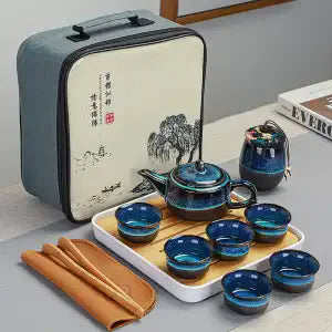 Ceramic Kung Fu Travel Tea Set Set Tianmu Glaze Kiln One Pot Four Cup Outdoor Travel Chinese Tea Set with Tote Bag Portable Gift