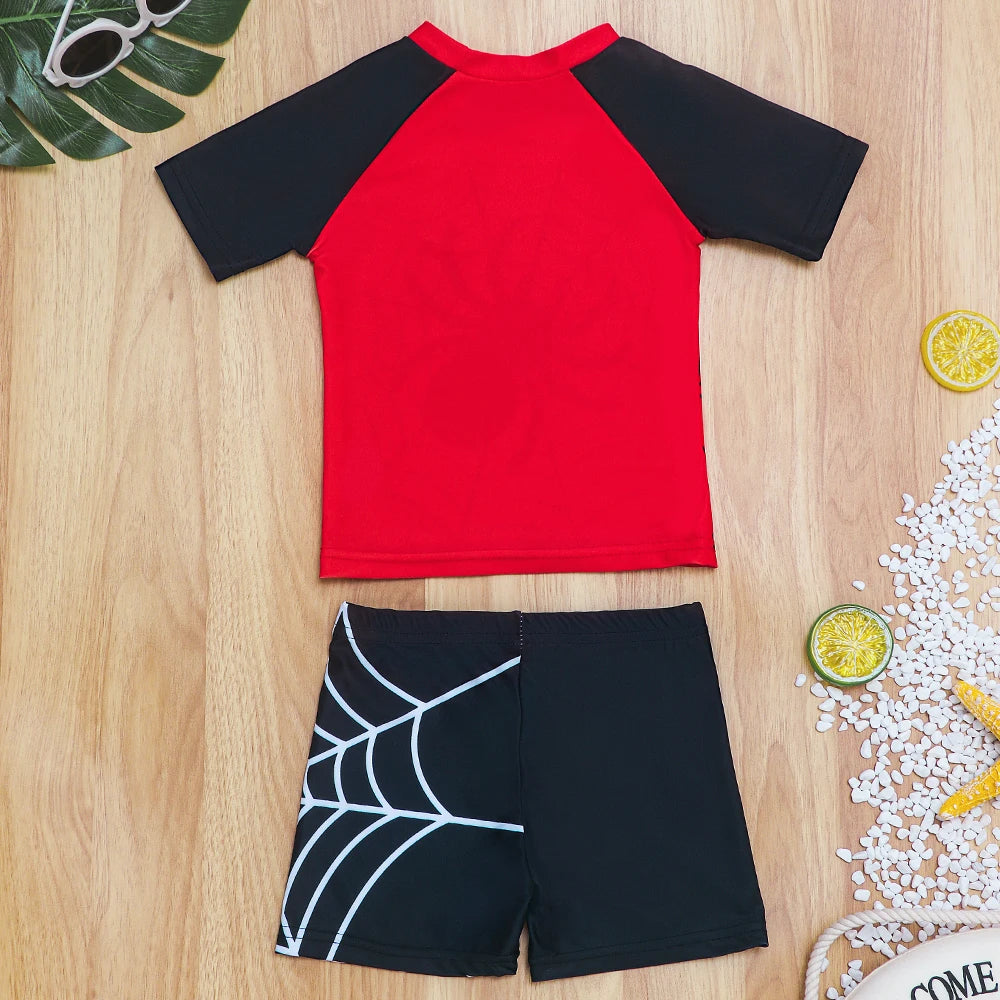 Boys Swimsuit Set Two Piece Spider Print Bathing Suit Short Sleeve Swim Shirts with Trunks Quick Dry Beachwear