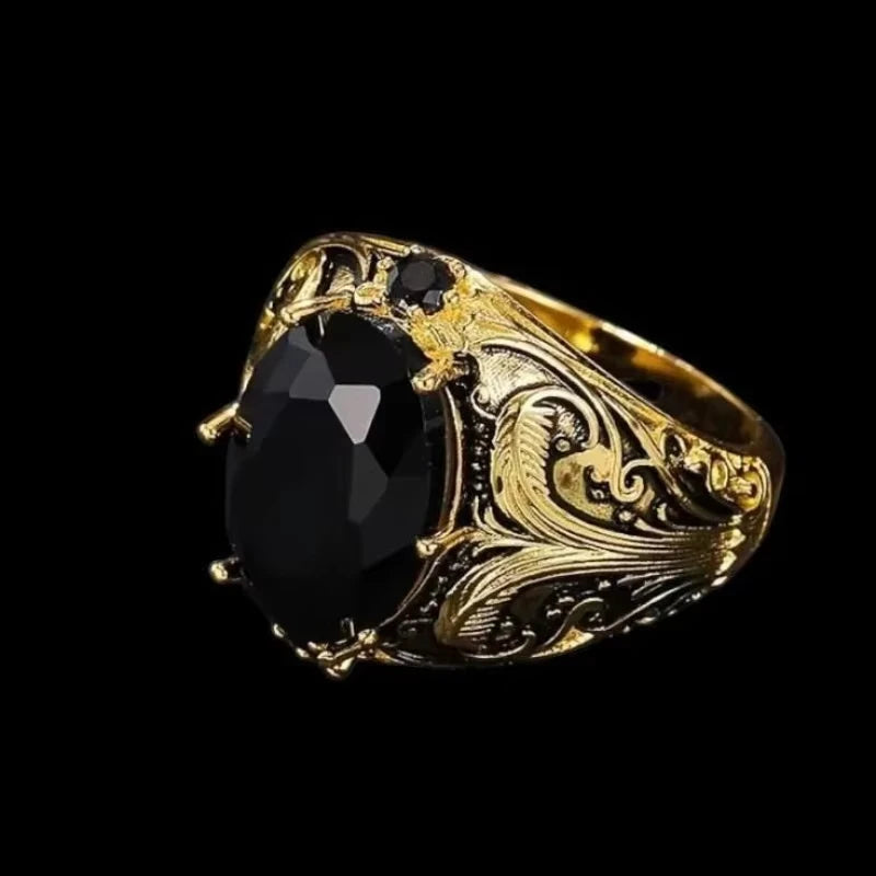 Huajie Featured Palace Prints Turkish Signet Rings for Men Inlaid Black Zircon Vintage Style Ring Jewelry Trend