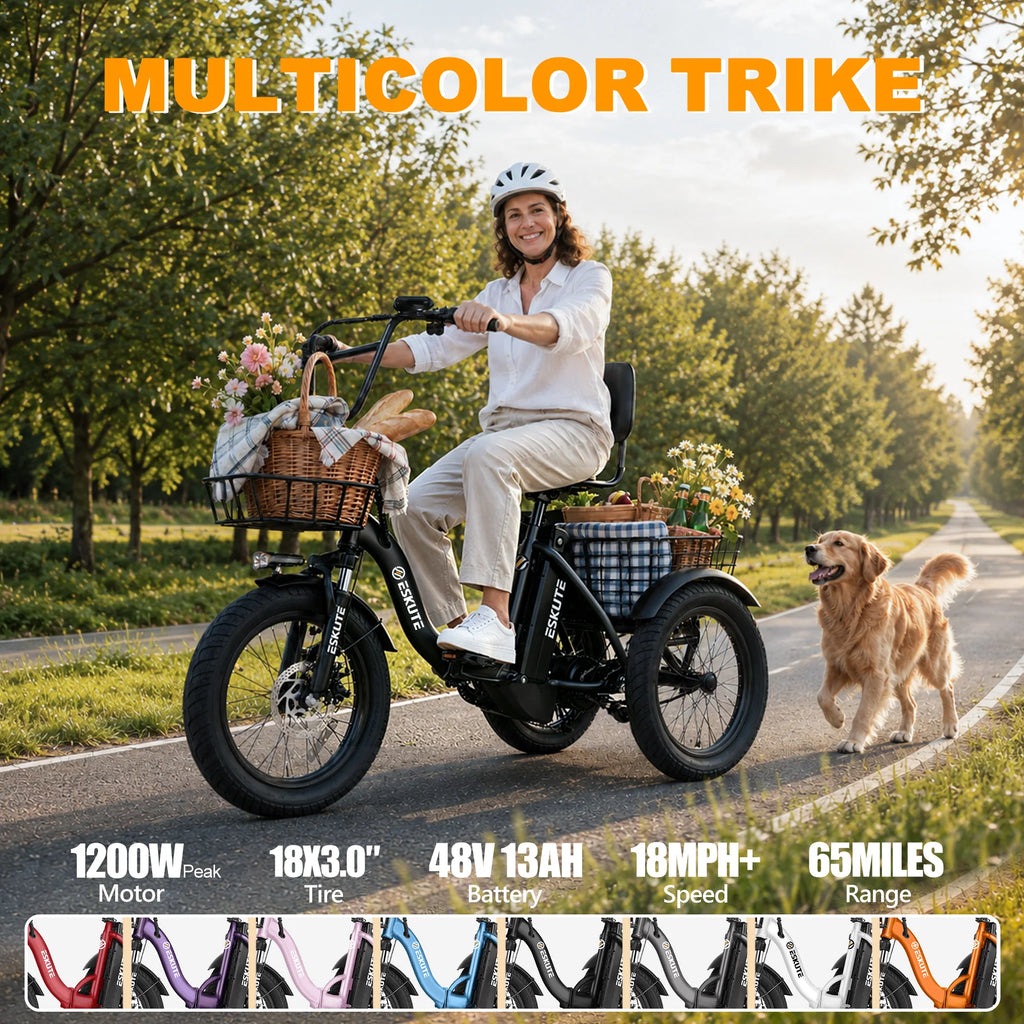 ESKUTE T300 E Trike Electric Bike, Peak Brushless Motor Folding Trike 18X3.0 Fat Tire Ebike, 624Wh Removable Battery, Step-Thru 3 Wheel Electric Bicycle, Up to 65 Miles, 18MPH+ Tricycle for Adults