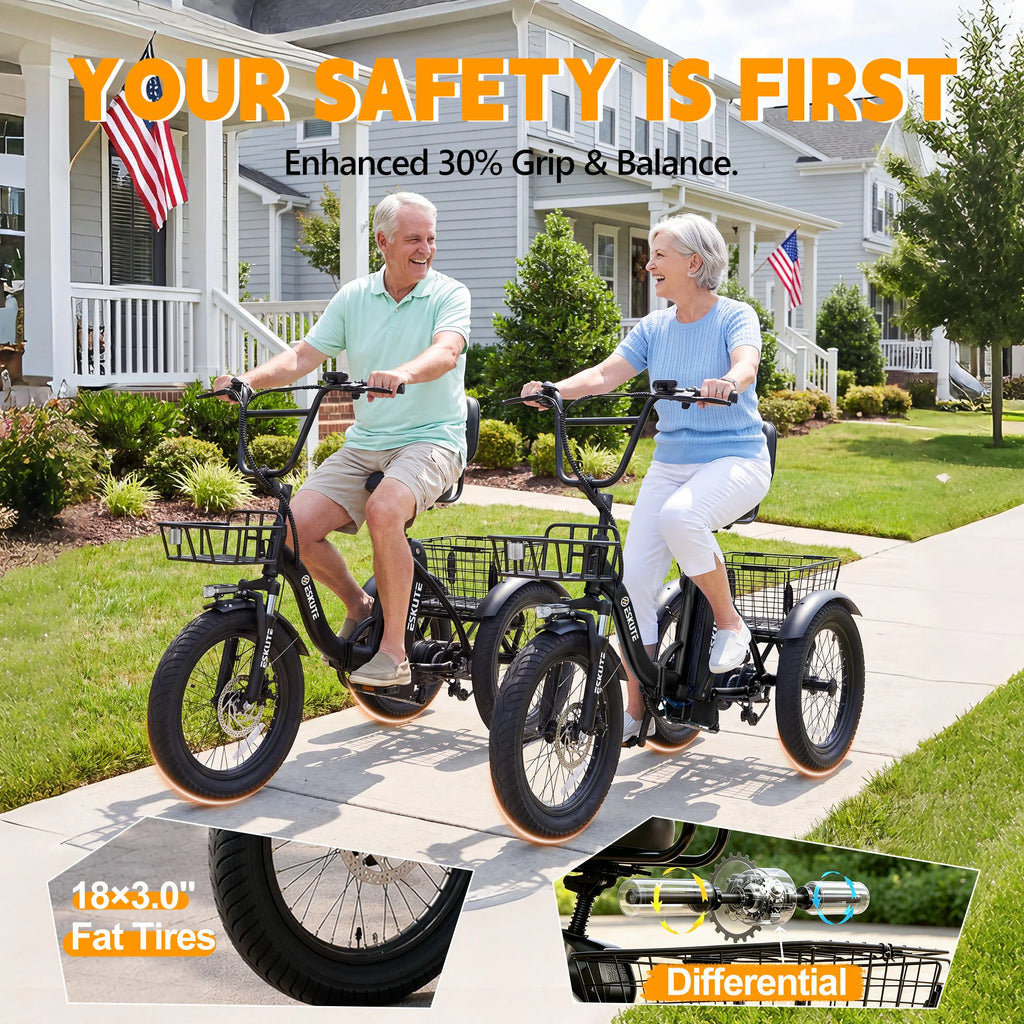 ESKUTE T300 E Trike Electric Bike, Peak Brushless Motor Folding Trike 18X3.0 Fat Tire Ebike, 624Wh Removable Battery, Step-Thru 3 Wheel Electric Bicycle, Up to 65 Miles, 18MPH+ Tricycle for Adults