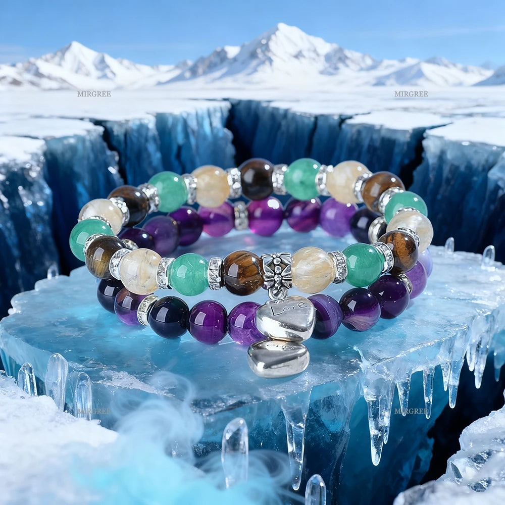 2pcs Bracelet Set, Multi-layer Bead Bracelet with Silver Heart Pendant, Ideal Gift for Crystal Enthusiasts and Bohemians