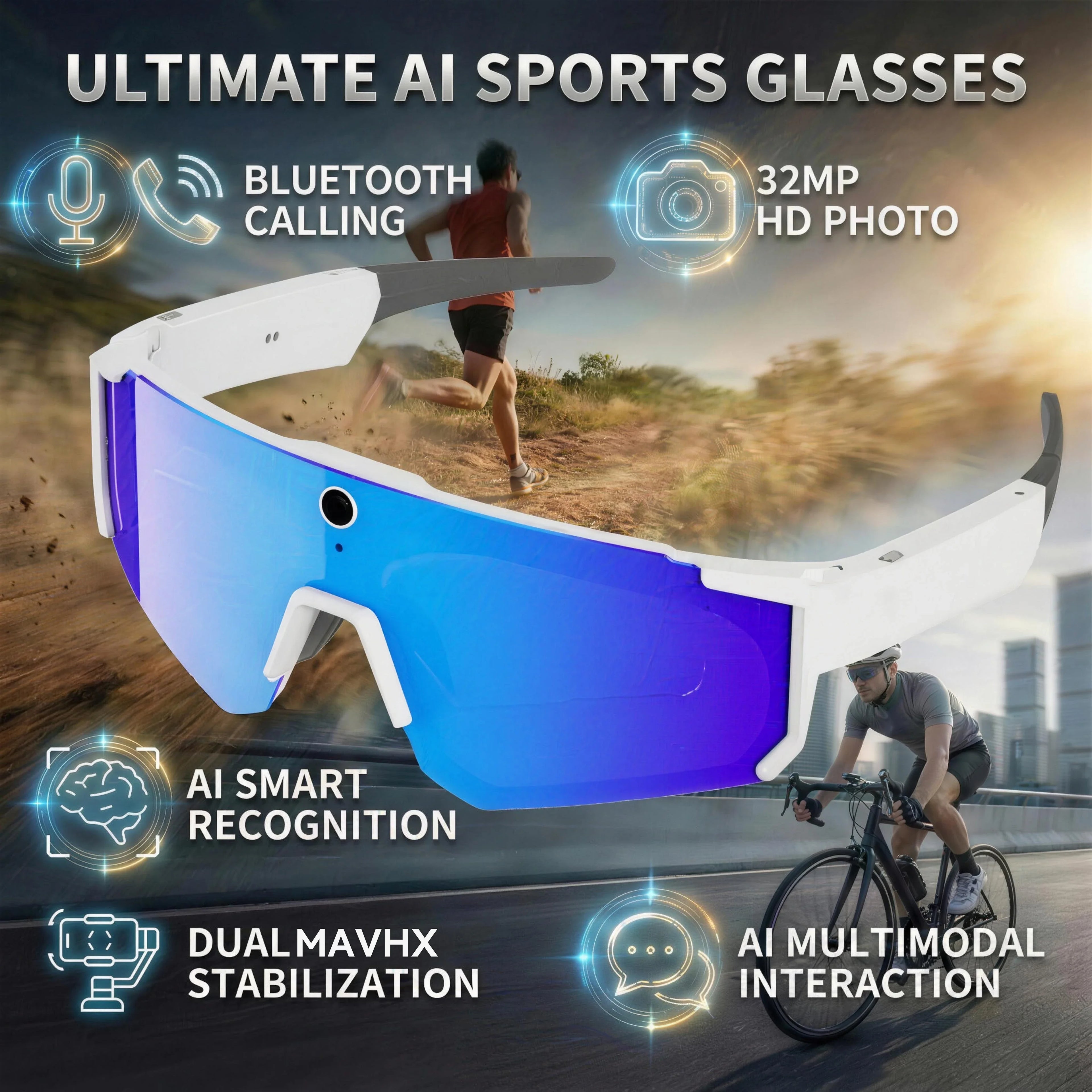 2026 New 800W HD Smart Glasses Men 32GB Photo Video Recording Bluetooth Call Sport Sunglasses Cycling Driver UV400 IP54 Goggles