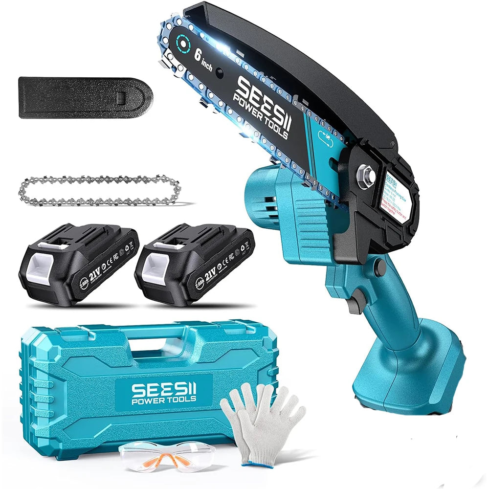 SEESII 6'' Cordless Mini Chainsaw Handheld Electric Power Chain Saw Tree Trimming Wood Cutting for Makita 18V Battery Pin