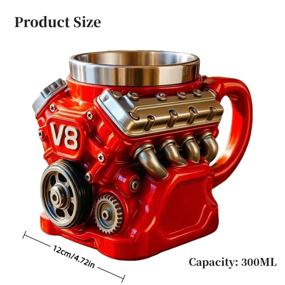 Retro Engine Coffee Mug Double Wall 300ML V8 Engines Stainless Steel Cup with Handle Realistic Design Insulation Car Mug