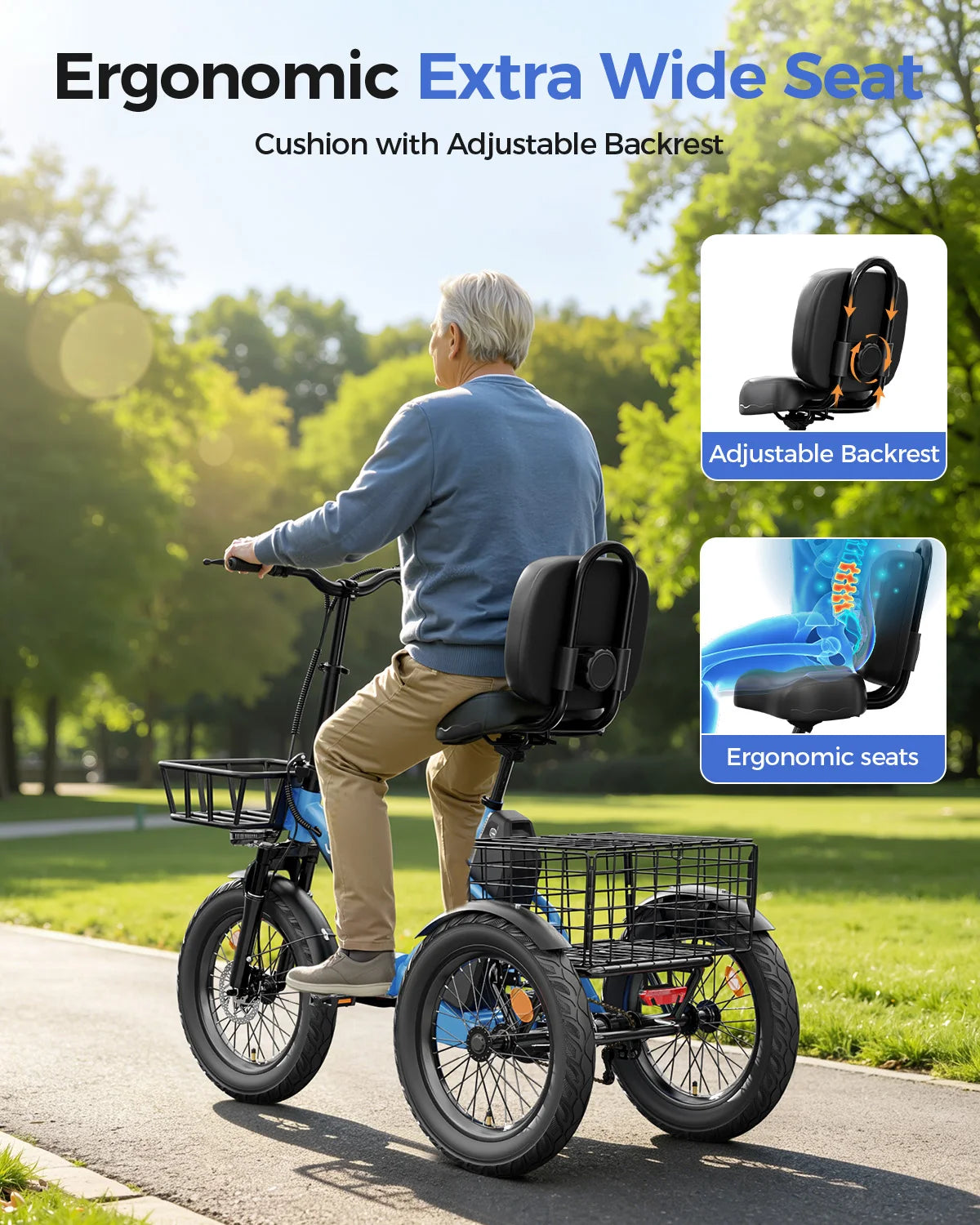 Spacewalk Electric Tricycle for Adults, Folding Trike Bike for Adults | 748.8Wh Removable Battery, Peak 1200W Motor, 18*3.0 Fat Tire, Step-Thru Electric Tricycle, Up to 60 Miles, 18MPH