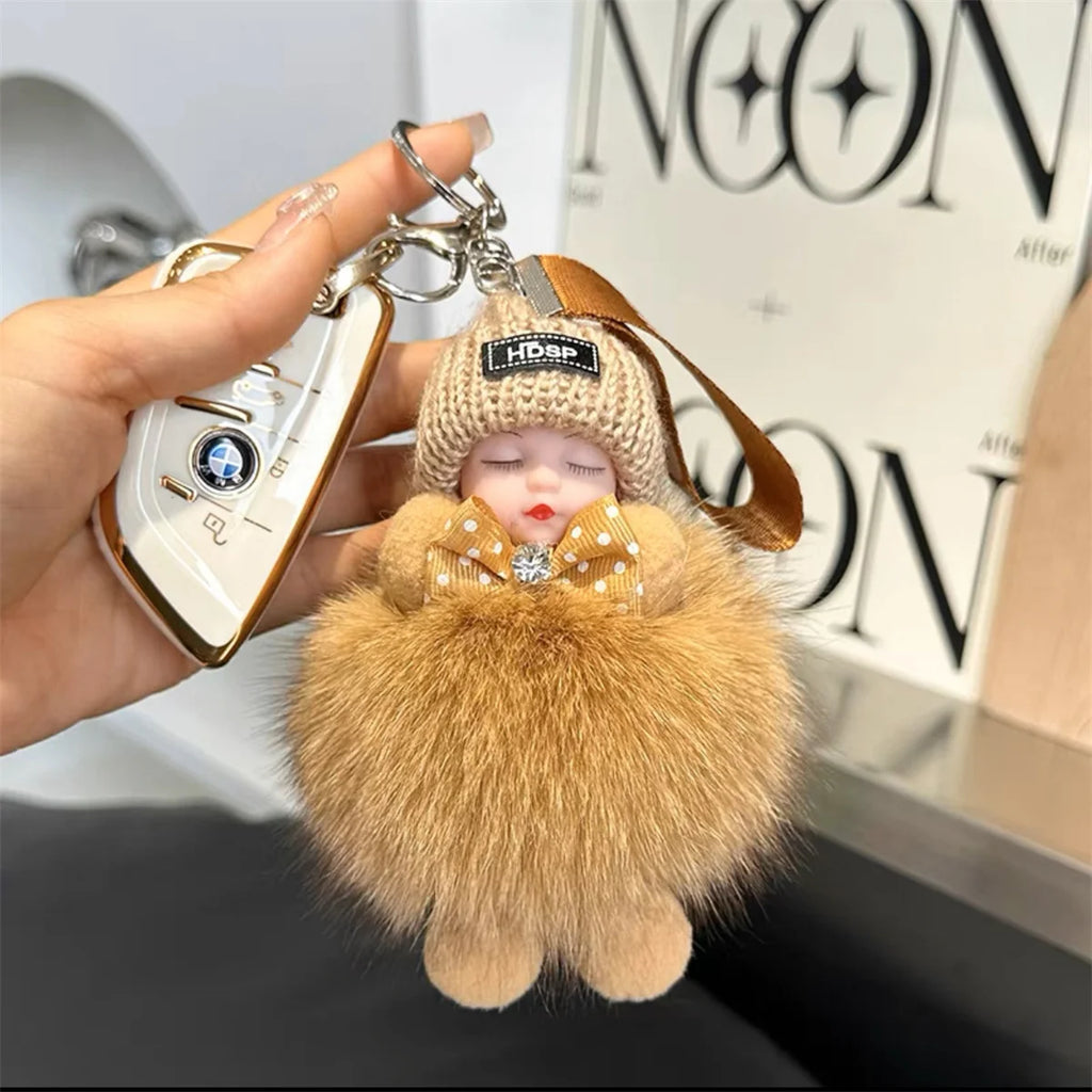 Real fox fur doll car keychain pendant cute plush doll school bag pendant couple gift