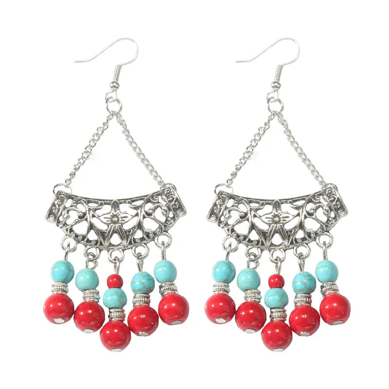 Bohemian fringed turquoise personality temperament earrings jewelry