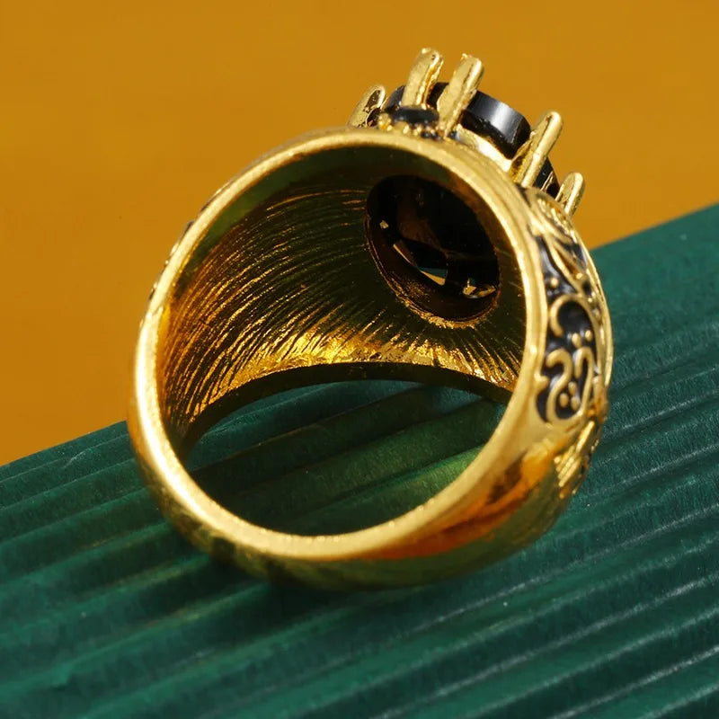 Huajie Featured Palace Prints Turkish Signet Rings for Men Inlaid Black Zircon Vintage Style Ring Jewelry Trend