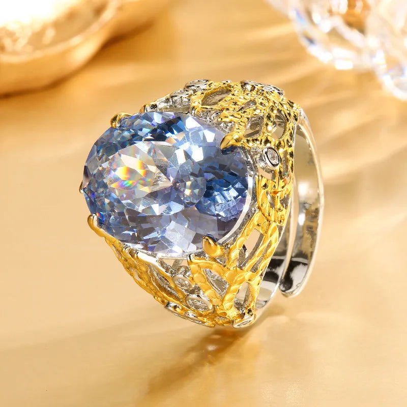Women's Adjustable Hollow Statement Ring Vintage Two Tone Filigree Ring with Large Oval Red Blue Gemstone Fashion Party Jewelry