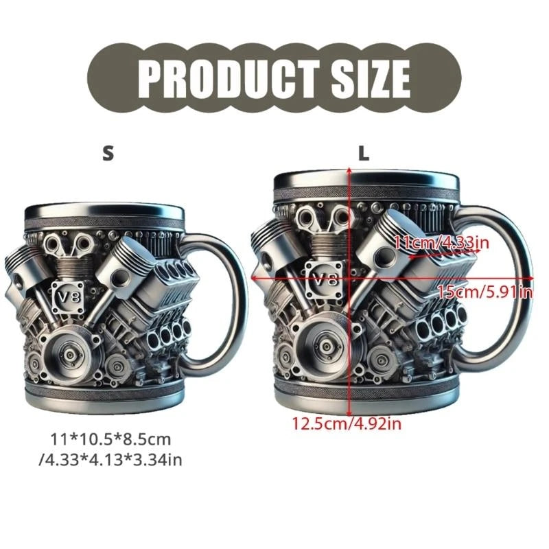Stainless Steel Resin Insulated Coffee Mug with Engine Mechanical Detailing Beer Cup For Automotive Enthusiasts