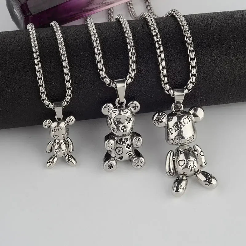 Rotatable Bear Doll Pendant Stainless Steel Necklace Men and Women Hip-hop Personality Simple Cartoon Sweater Chain Wholesale