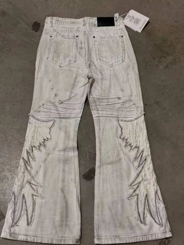 2026 Punk Y2K Style Dirty Washed White Patchwork Baggy Flared Stacked Jeans Pants For Men Clothing Streetwear Goth Long Trousers