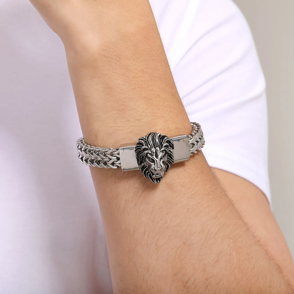 8.66inch Cool Gold Color Lion Head Bracelet Men Stainless Steel Franco Link Chain Luxury Man Bracelet Gift