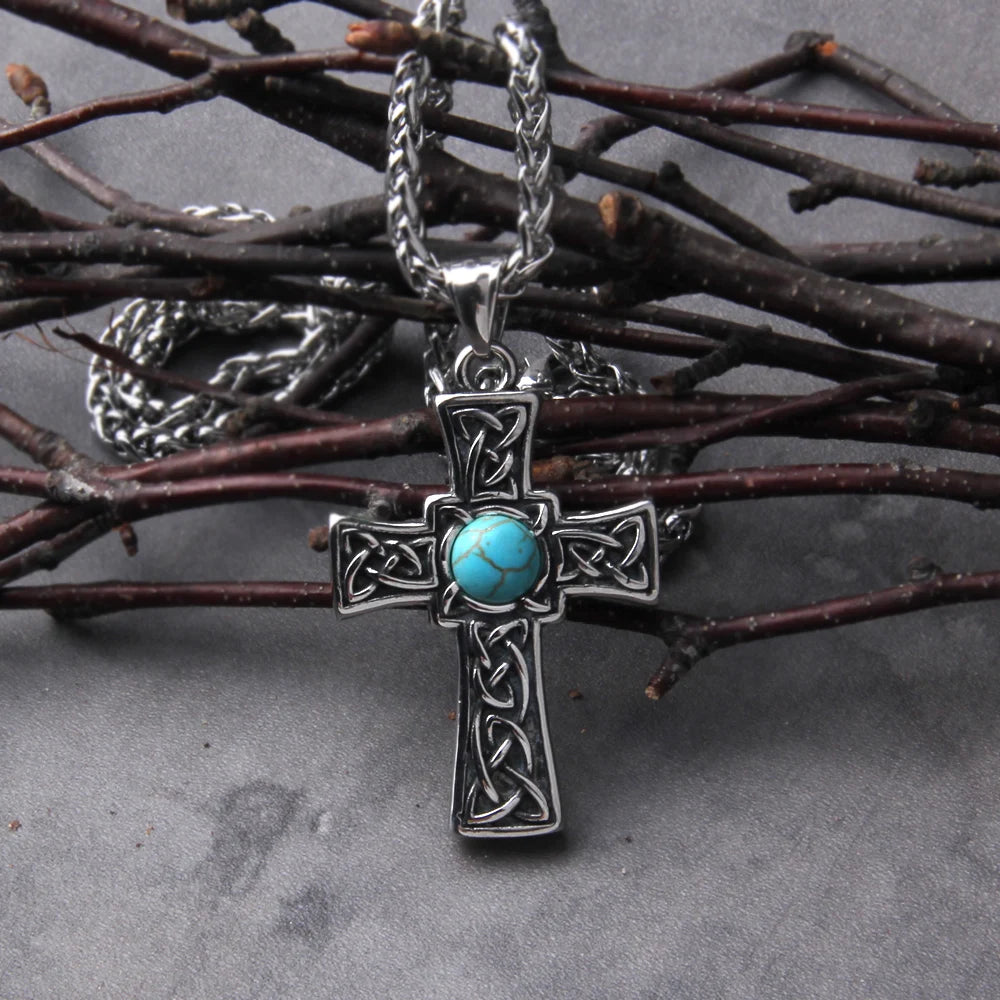 stainless steel Valknut Celtic cross with stone pendant men fashion viking titanium steel jewelry with wooden box as men gift