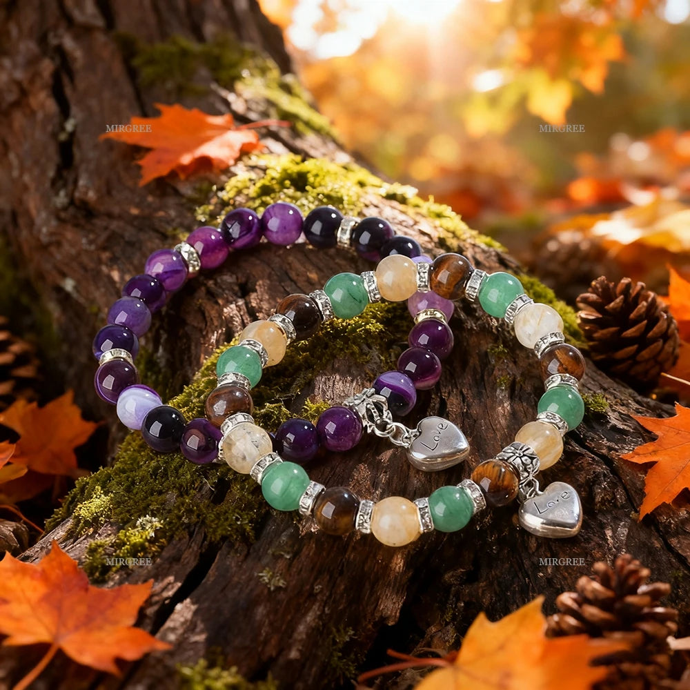 2pcs Bracelet Set, Multi-layer Bead Bracelet with Silver Heart Pendant, Ideal Gift for Crystal Enthusiasts and Bohemians