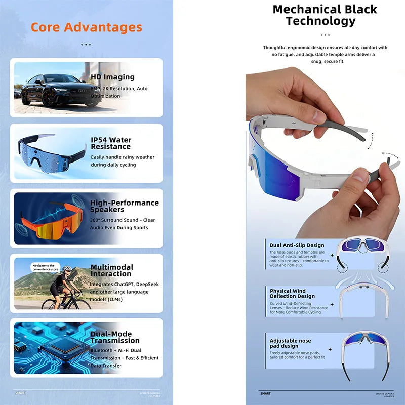 New AI Smart Sports shooting&recording Glasses 800W Camera HD Anti-shake Outdoor Riding Shooting Artifact Windproof Glasses