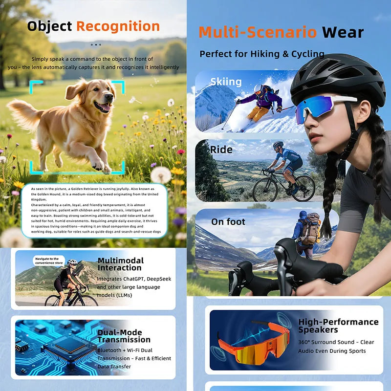New AI Smart Sports shooting&recording Glasses 800W Camera HD Anti-shake Outdoor Riding Shooting Artifact Windproof Glasses