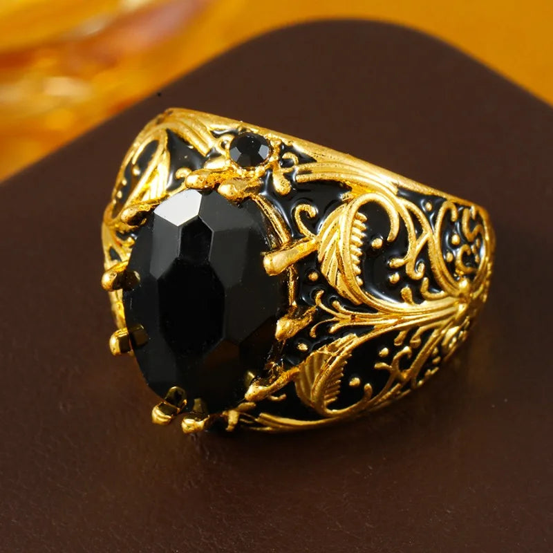Huajie Featured Palace Prints Turkish Signet Rings for Men Inlaid Black Zircon Vintage Style Ring Jewelry Trend