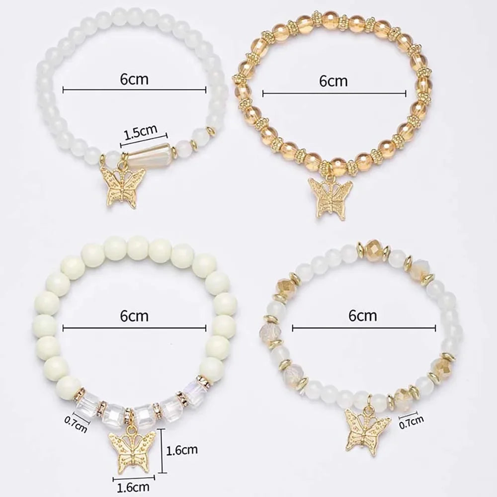 4Pcs Bohemia Butterfly Charm Bracelet Set For Women Acrylic Beads Elastic Chain Bangle Men Wristband Fashion Party Jewelry Gift