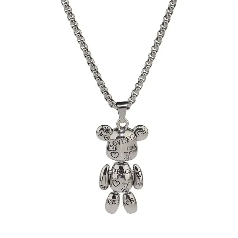 Rotatable Bear Doll Pendant Stainless Steel Necklace Men and Women Hip-hop Personality Simple Cartoon Sweater Chain Wholesale