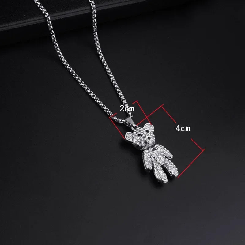 Rotatable Bear Doll Pendant Stainless Steel Necklace Men and Women Hip-hop Personality Simple Cartoon Sweater Chain Wholesale