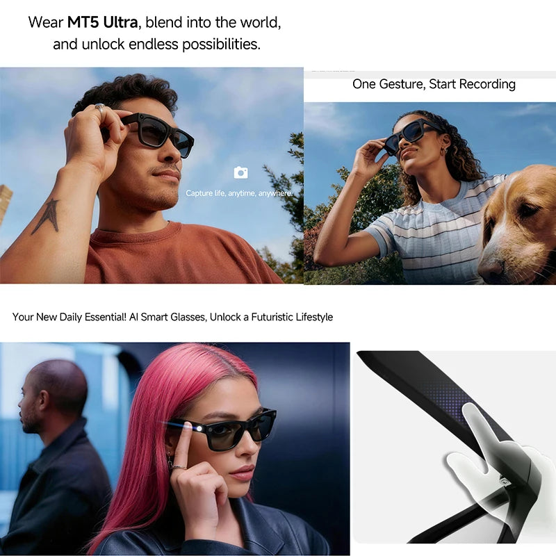 2026 Smart Glasses Genuine Leather 8MP HD Lens 2000Mah Charging Case BT Call 3D Music AI Voice Wake-up AI Translation