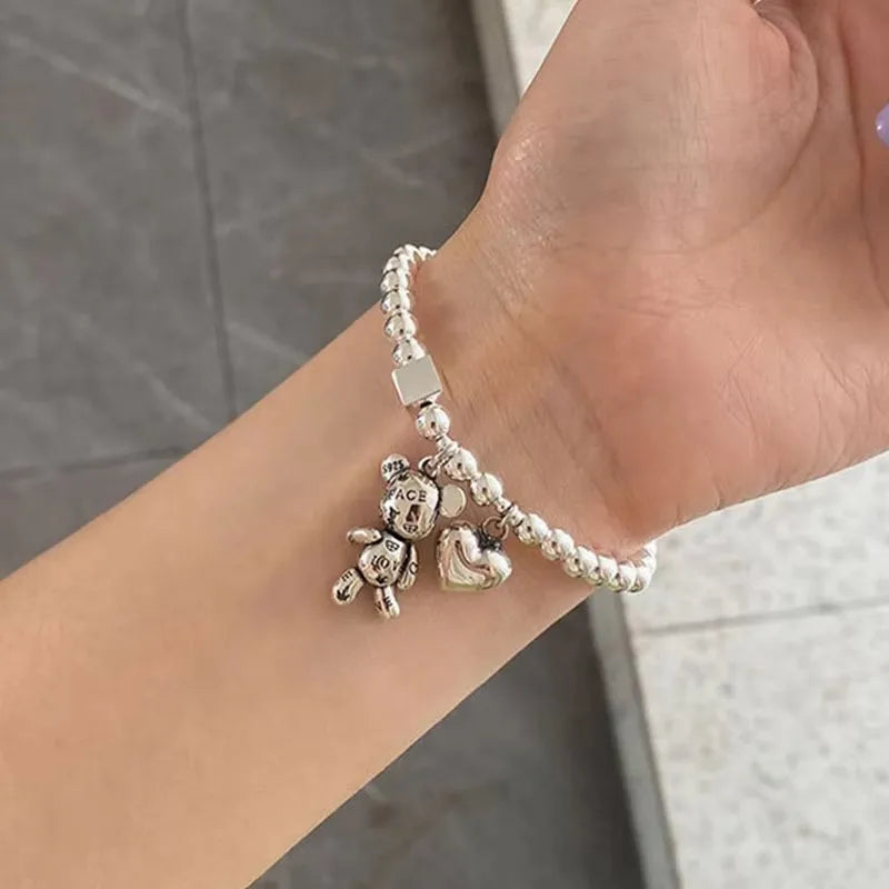 925 Sterling Silver Bracelets for Women String of Beads Accessories Trend Vintage Simple Cute Bear Pendant Party Jewelry