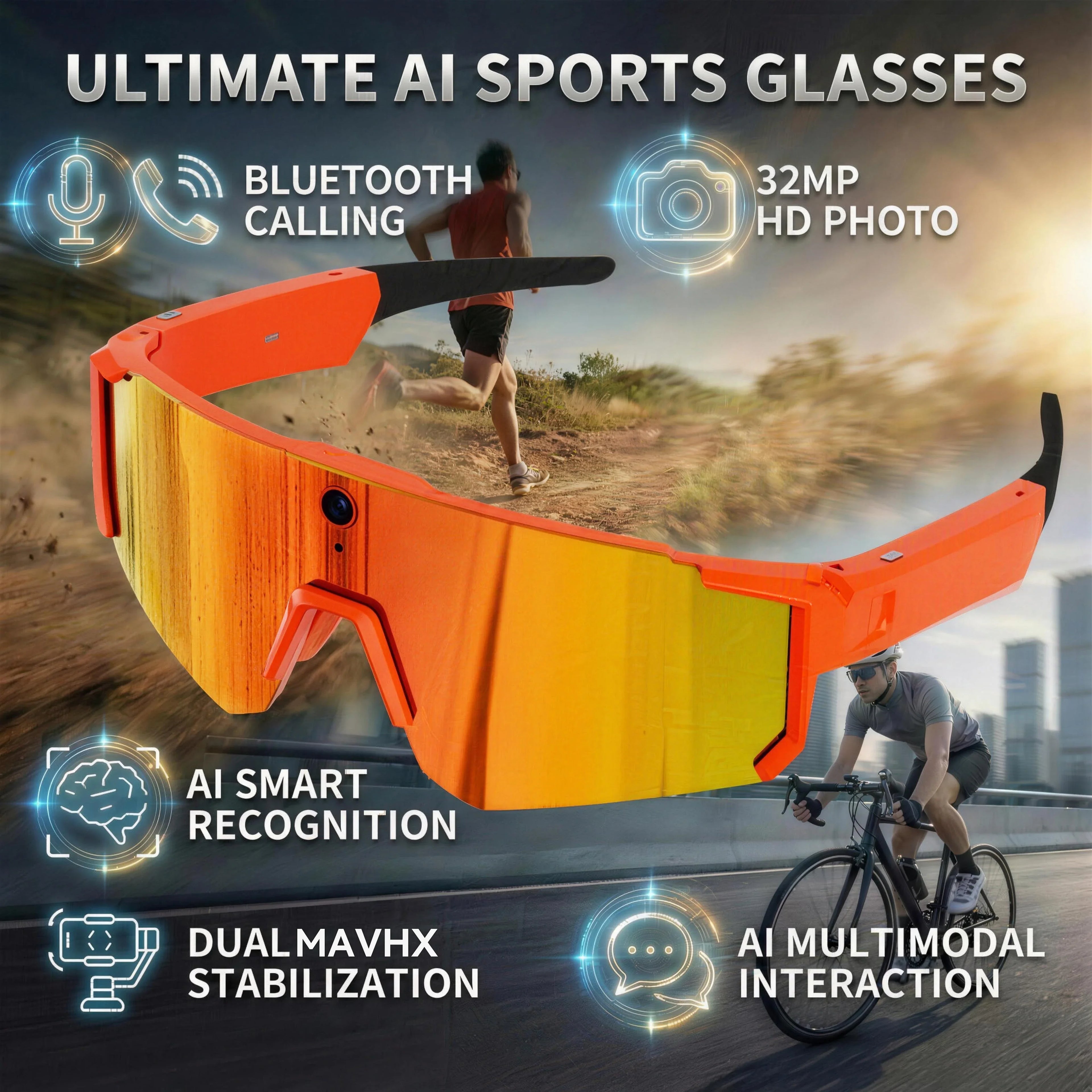 2026 New 800W HD Smart Glasses Men 32GB Photo Video Recording Bluetooth Call Sport Sunglasses Cycling Driver UV400 IP54 Goggles