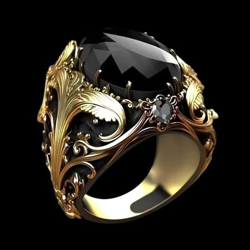 Huajie Featured Palace Prints Turkish Signet Rings for Men Inlaid Black Zircon Vintage Style Ring Jewelry Trend