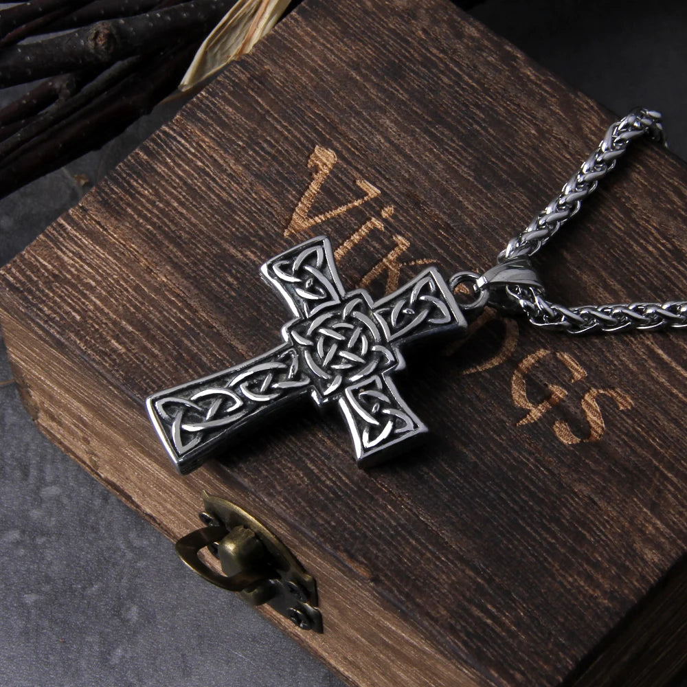 stainless steel Valknut Celtic cross with stone pendant men fashion viking titanium steel jewelry with wooden box as men gift