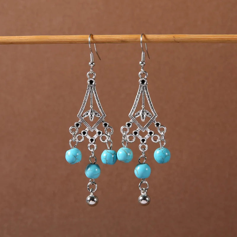 Bohemian fringed turquoise personality temperament earrings jewelry
