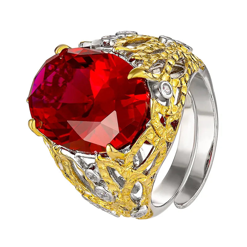 Women's Adjustable Hollow Statement Ring Vintage Two Tone Filigree Ring with Large Oval Red Blue Gemstone Fashion Party Jewelry